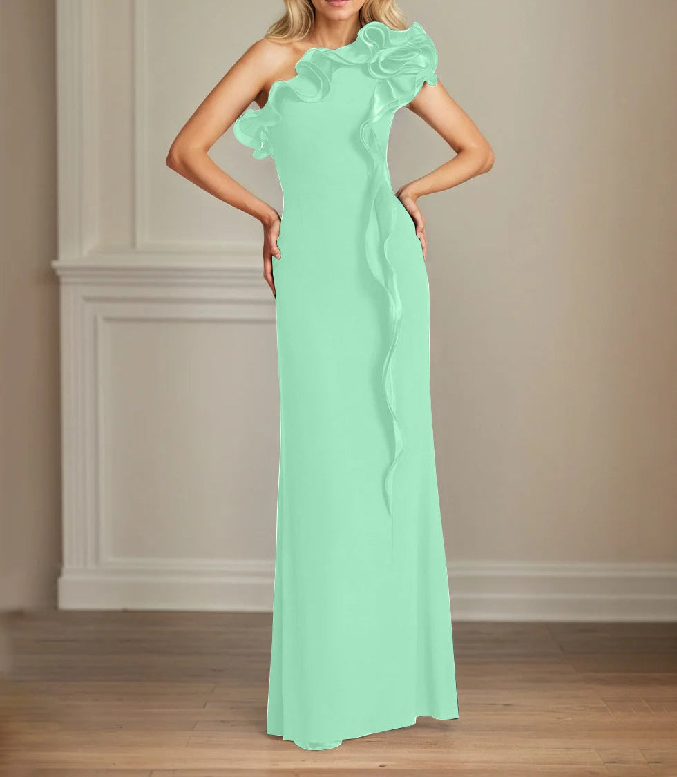 Navy Stretch Crepe Sheath/Column One Shoulder Floor Length Mother of the Bride Dresses With Ruffles