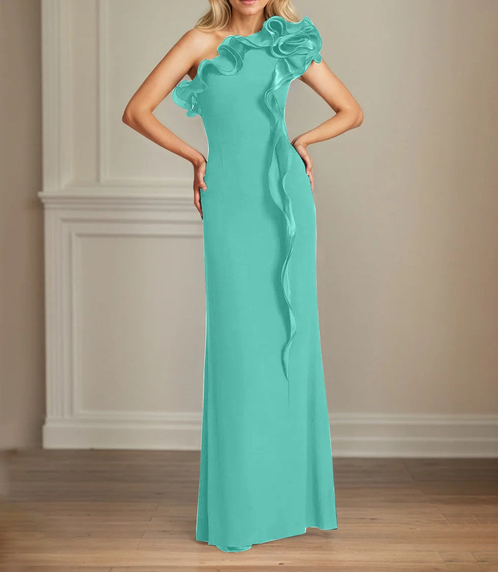 Navy Stretch Crepe Sheath/Column One Shoulder Floor Length Mother of the Bride Dresses With Ruffles