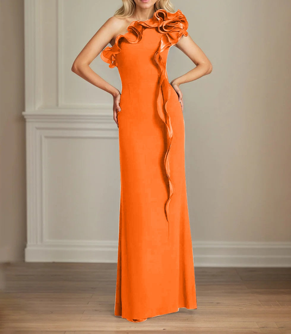 Navy Stretch Crepe Sheath/Column One Shoulder Floor Length Mother of the Bride Dresses With Ruffles