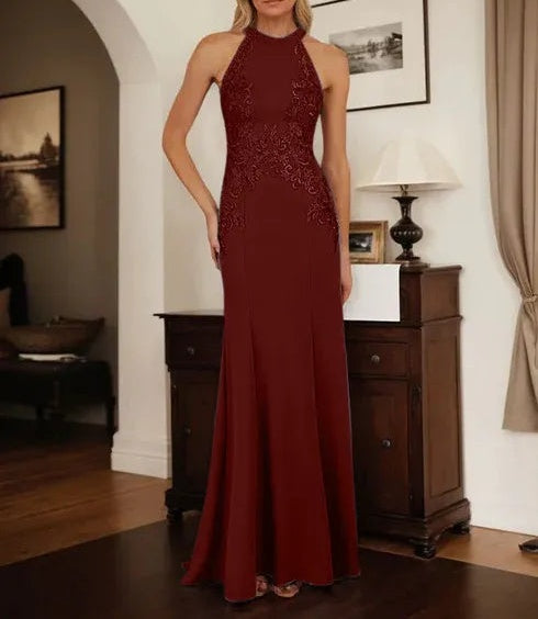 Dusty Blue Sheath Halter Long Mother of Bride Dress With Appliques