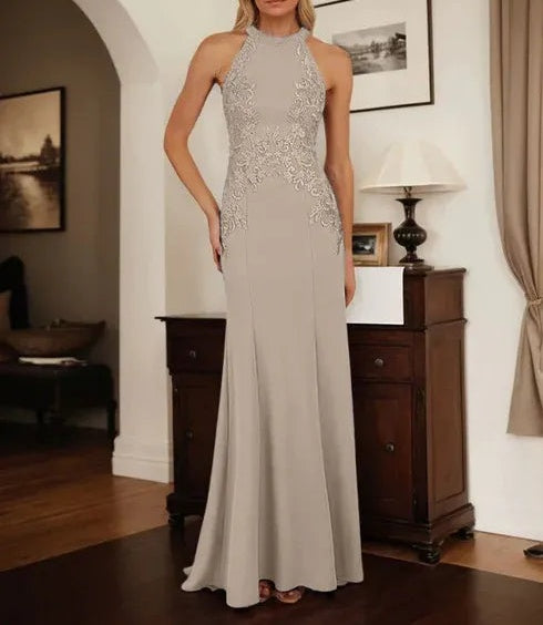 Dusty Blue Sheath Halter Long Mother of Bride Dress With Appliques