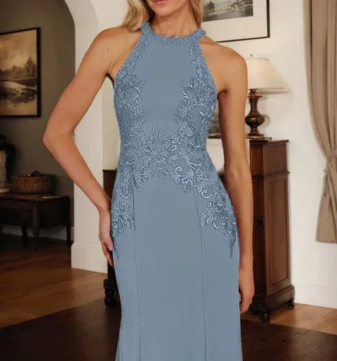 Dusty Blue Sheath Halter Long Mother of Bride Dress With Appliques