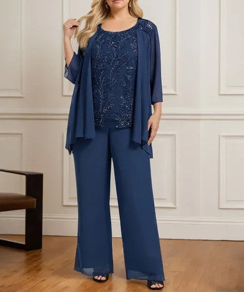 Separates Jumpsuit/Pantsuit Scoop Floor-Length Lace Chiffon Mother of the Bride Dress With Sequins