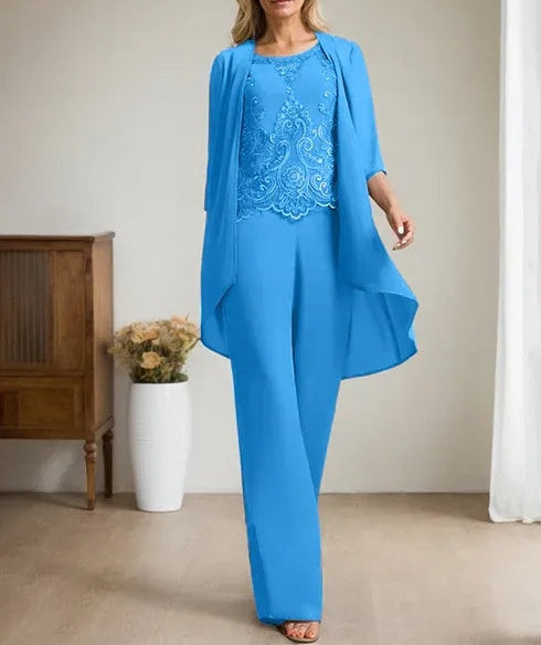 Separates Jumpsuit/Pantsuit Scoop Floor-Length Chiffon Lace Mother of the Bride Dress With Beading Sequins