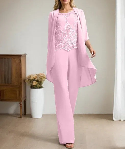 Separates Jumpsuit/Pantsuit Scoop Floor-Length Chiffon Lace Mother of the Bride Dress With Beading Sequins