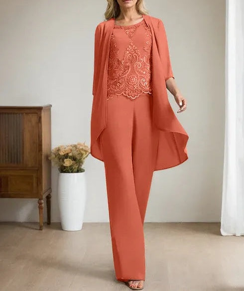 Separates Jumpsuit/Pantsuit Scoop Floor-Length Chiffon Lace Mother of the Bride Dress With Beading Sequins