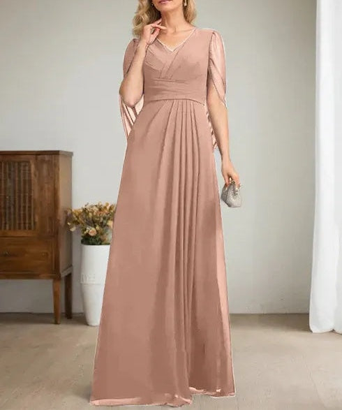 Dark Navy A-Line V-Neck Long Mother of Bride Dress