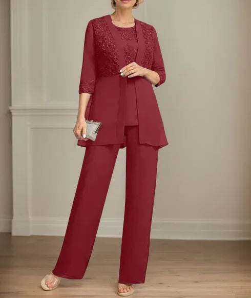 Jumpsuit/Pantsuit Separates Scoop Floor-Length Chiffon Lace Mother of the Bride Dress With Sequins