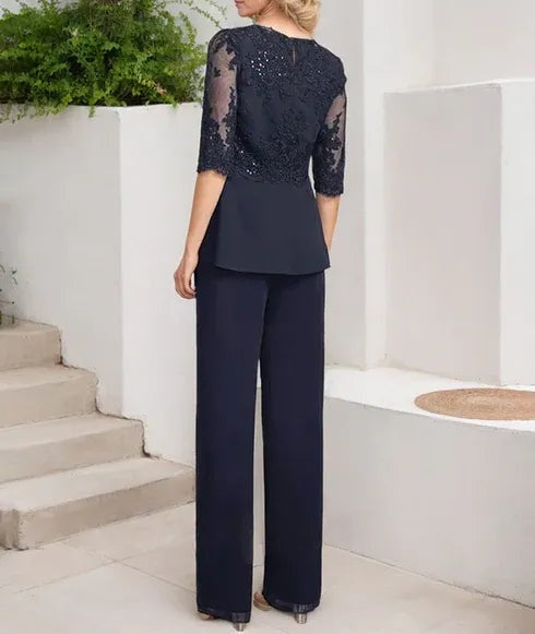 Jumpsuit/Pantsuit Separates Scoop Floor-Length Chiffon Lace Mother of the Bride Dress With Sequins