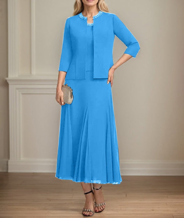Separates A-line Scoop Tea-Length Chiffon Mother of the Bride Dress With Sequins Beading