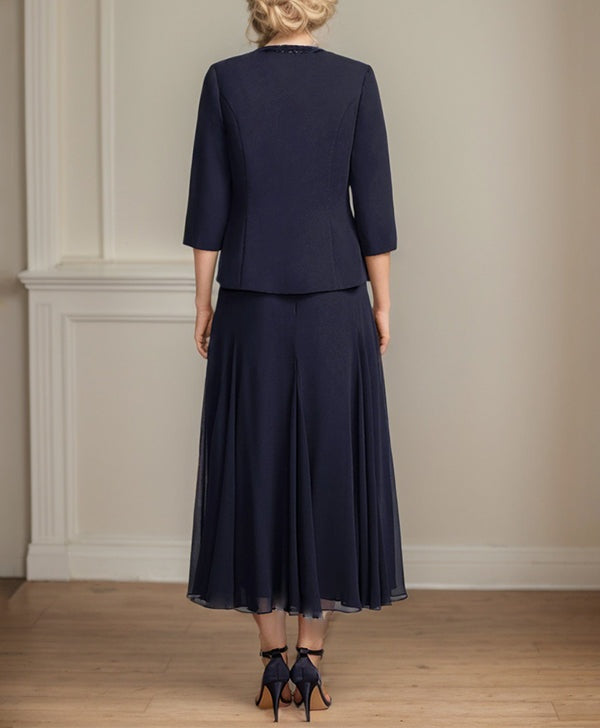 Separates A-line Scoop Tea-Length Chiffon Mother of the Bride Dress With Sequins Beading