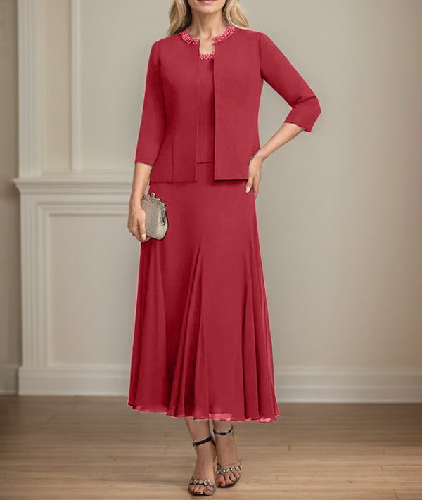Separates A-line Scoop Tea-Length Chiffon Mother of the Bride Dress With Sequins Beading