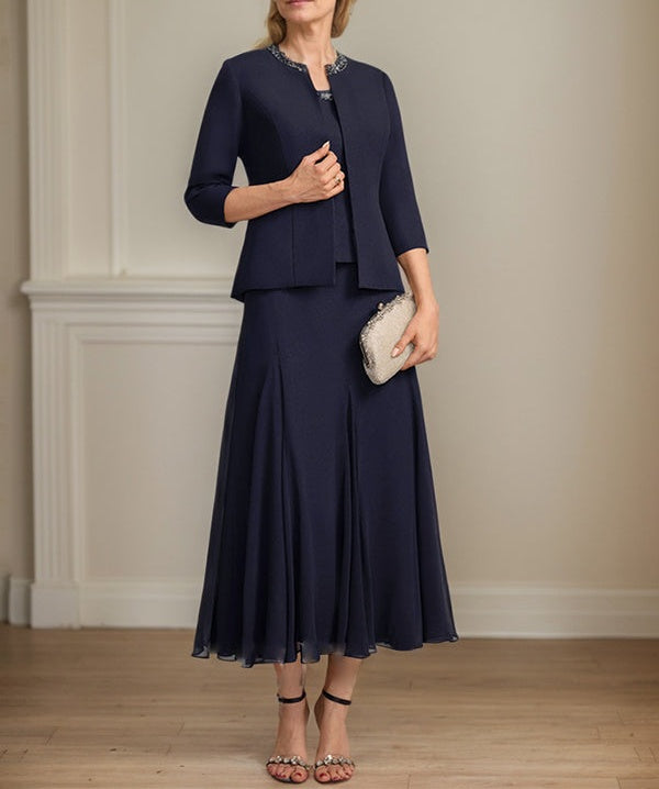 Separates A-line Scoop Tea-Length Chiffon Mother of the Bride Dress With Sequins Beading