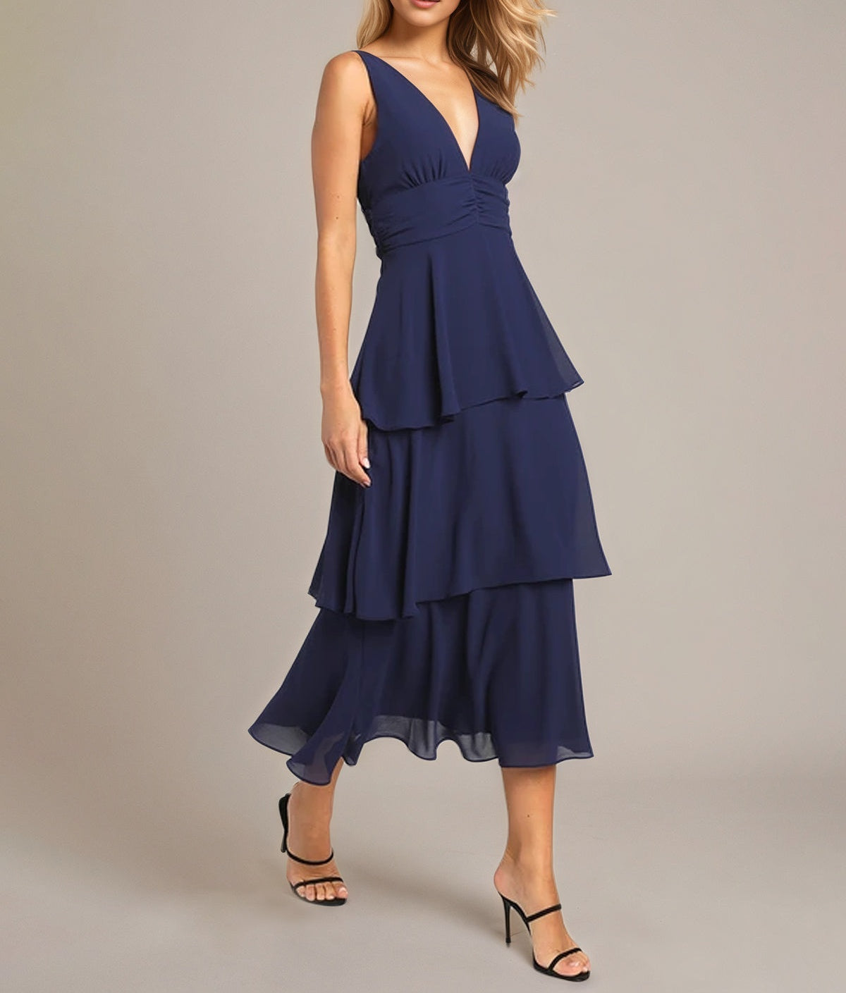 Navy A Line Chiffon V Neck Sleeveless Tea Length Dresses With Ruffles