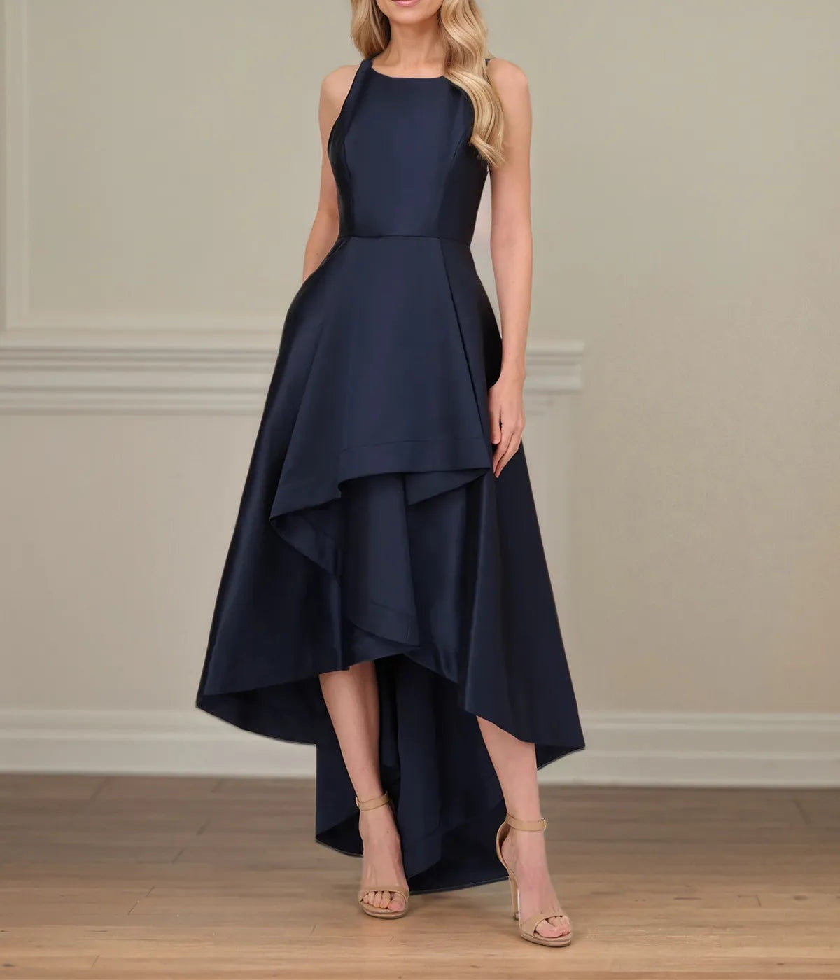 A Line Scoop Neck Sleeveless Asymmetrical Satin Mother of the Bride Dress