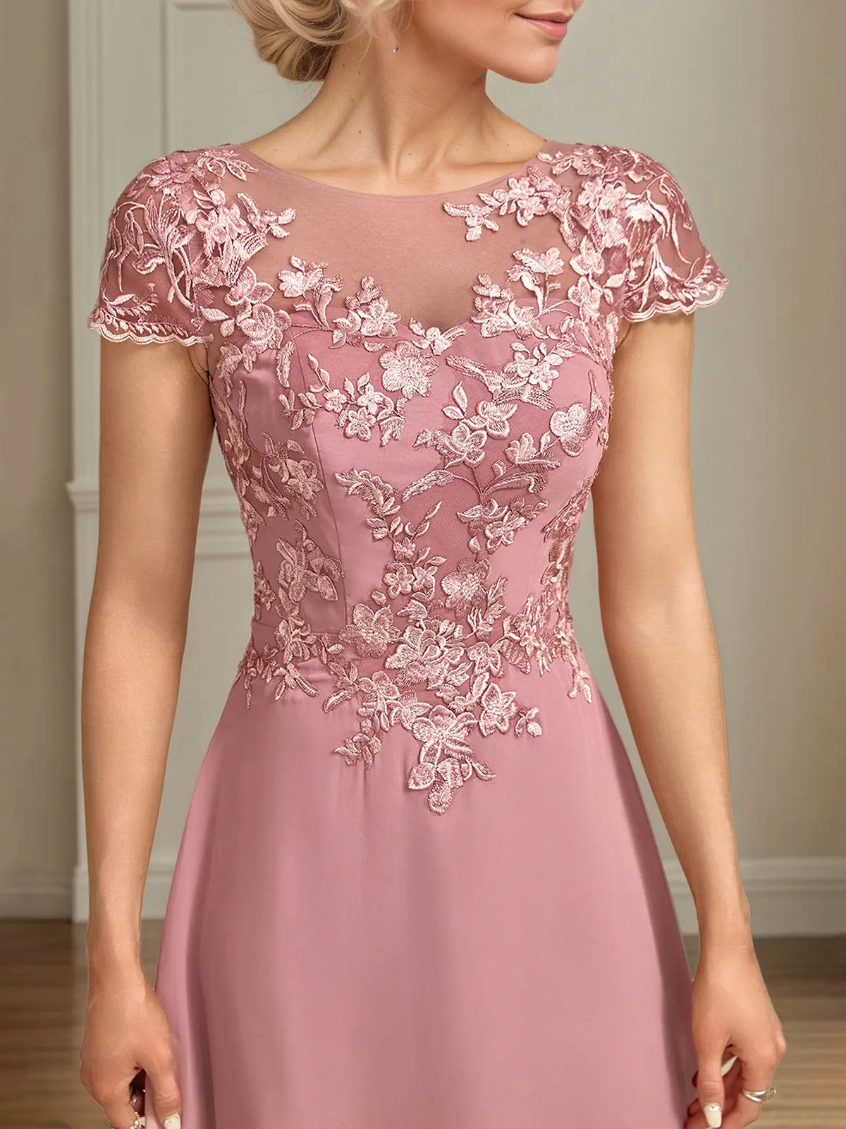 A Line Scoop Neck Chiffon Mother of the Bride Dress with Appliques