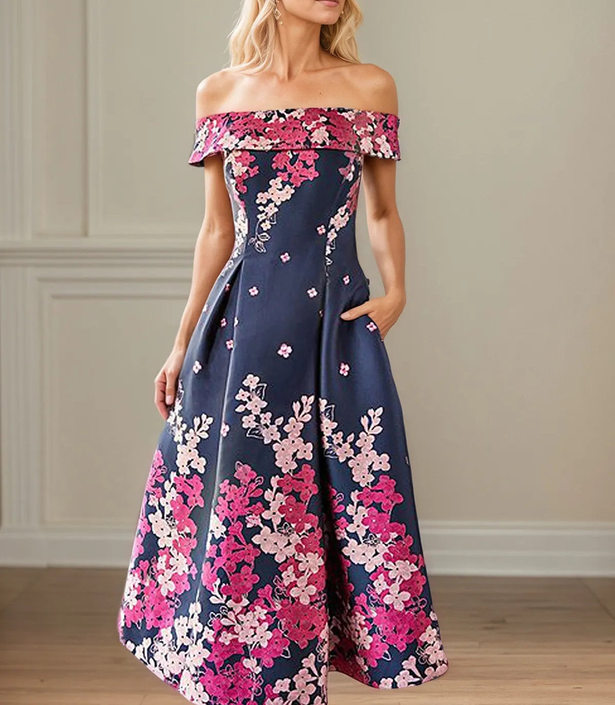 A Line Off The Shoulder Ankle Length Satin Floral Mother of the Bride Dress