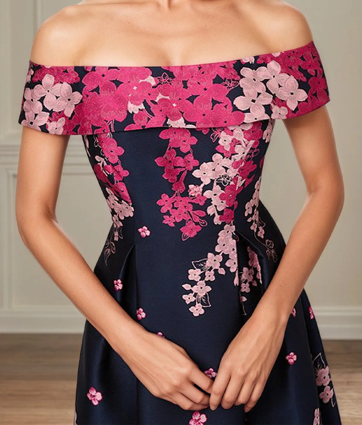 A Line Off The Shoulder Ankle Length Satin Floral Mother of the Bride Dress