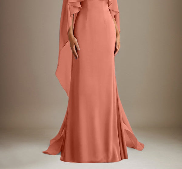 Sheath/Column Boatneck Floor-Length Chiffon Mother of the Bride Dress With Cascading Ruffles