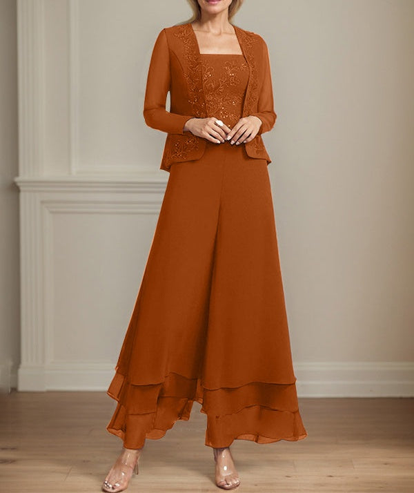 Separates Jumpsuit/Pantsuit Square Ankle-Length Lace Chiffon Mother of the Bride Dress With Sequins