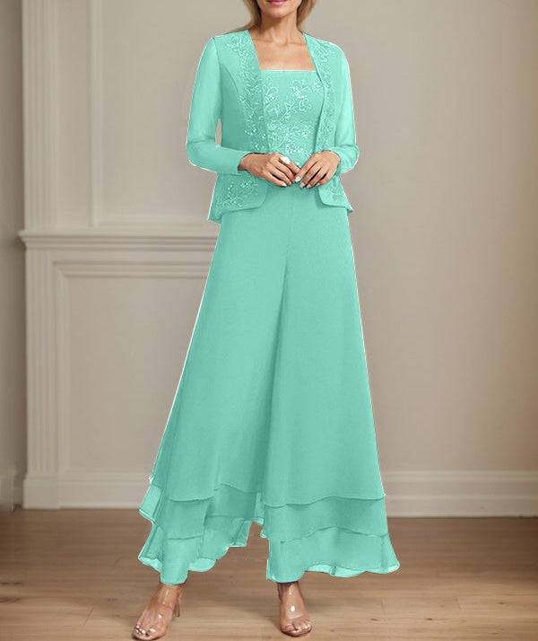 Separates Jumpsuit/Pantsuit Square Ankle-Length Lace Chiffon Mother of the Bride Dress With Sequins