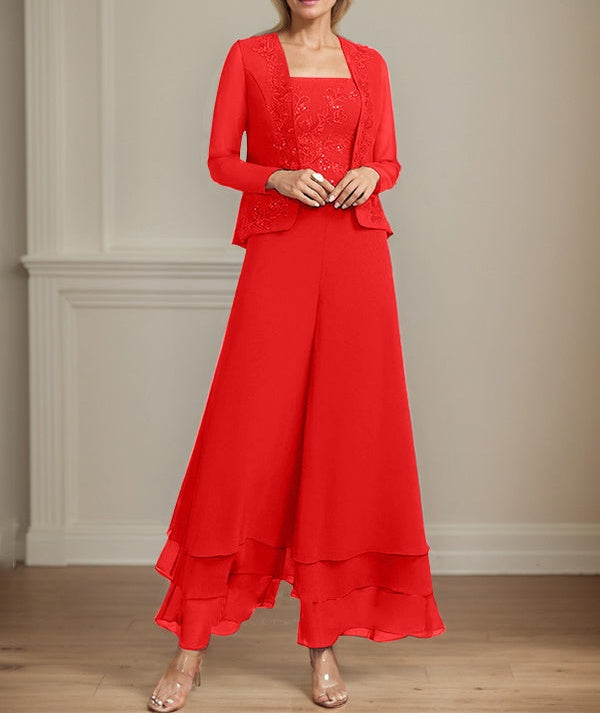 Separates Jumpsuit/Pantsuit Square Ankle-Length Lace Chiffon Mother of the Bride Dress With Sequins