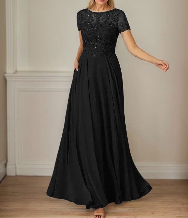 Dark Navy A-Line Boatneck Sequins Chiffon Dress