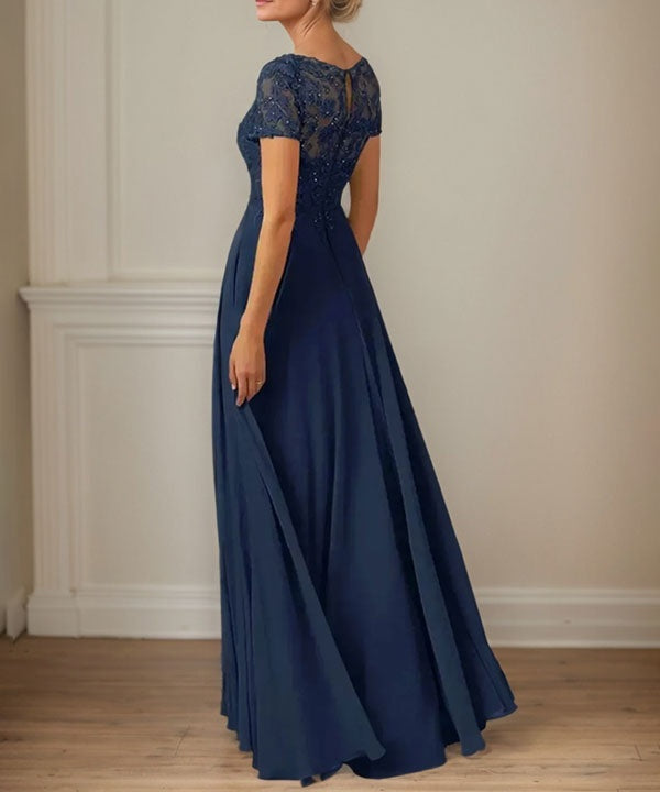 Dark Navy A-Line Boatneck Sequins Chiffon Dress