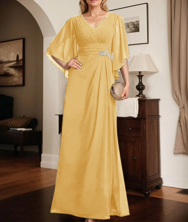 Sheath/Column V-Neck Floor-Length Chiffon Mother of the Bride Dress With Pleated Sequins Beading