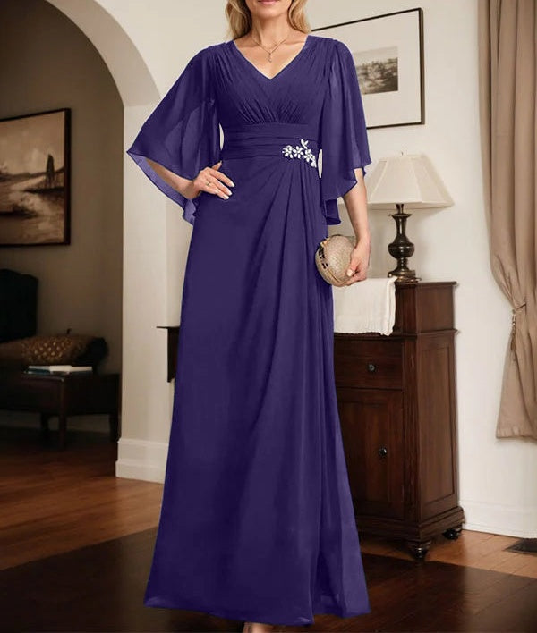 Sheath/Column V-Neck Floor-Length Chiffon Mother of the Bride Dress With Pleated Sequins Beading
