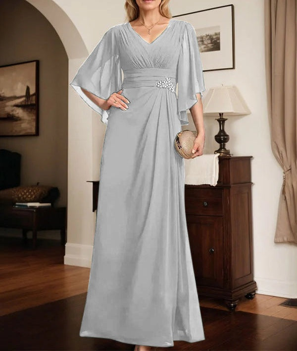 Sheath/Column V-Neck Floor-Length Chiffon Mother of the Bride Dress With Pleated Sequins Beading