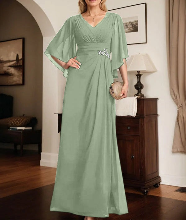 Sheath/Column V-Neck Floor-Length Chiffon Mother of the Bride Dress With Pleated Sequins Beading