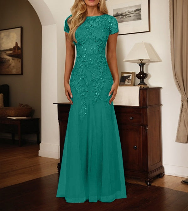 Dark Navy Mermaid Scoop Sequins Tulle Dress
