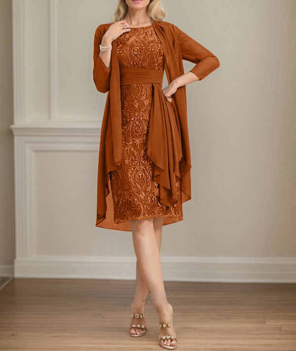 Sheath/Column Scoop Illusion Knee-Length Lace Chiffon Mother of the Bride Dress With Cascading Ruffles Sequins