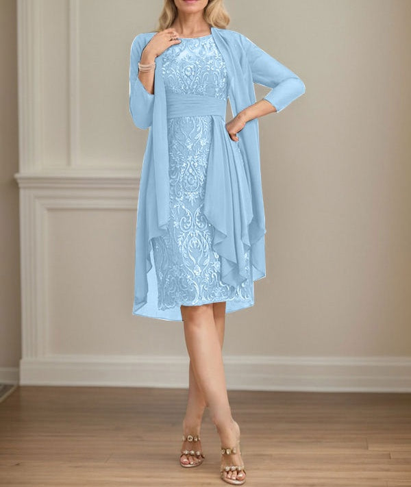 Sheath/Column Scoop Illusion Knee-Length Lace Chiffon Mother of the Bride Dress With Cascading Ruffles Sequins
