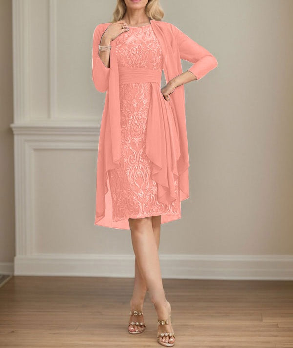 Sheath/Column Scoop Illusion Knee-Length Lace Chiffon Mother of the Bride Dress With Cascading Ruffles Sequins