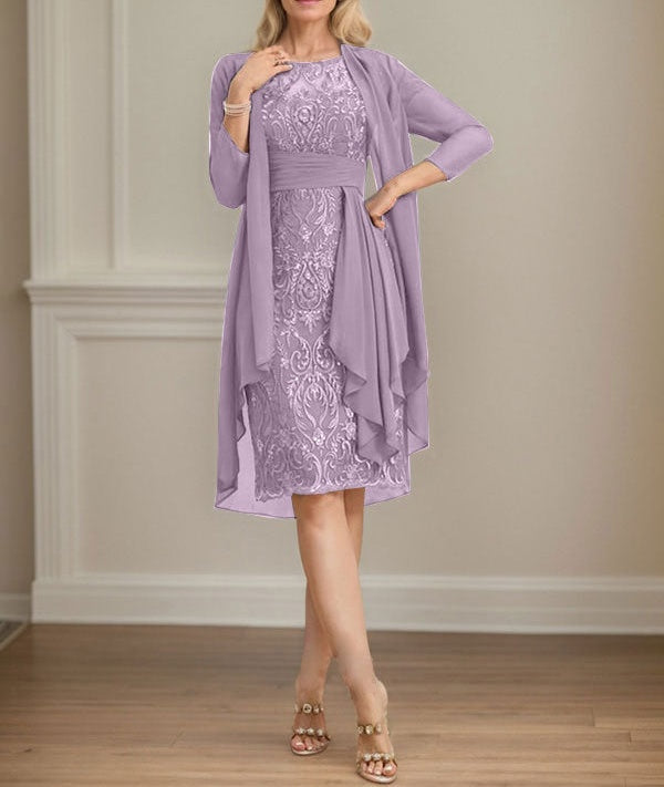 Sheath/Column Scoop Illusion Knee-Length Lace Chiffon Mother of the Bride Dress With Cascading Ruffles Sequins