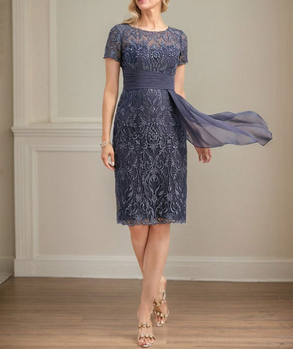 Sheath/Column Scoop Illusion Knee-Length Lace Chiffon Mother of the Bride Dress With Cascading Ruffles Sequins