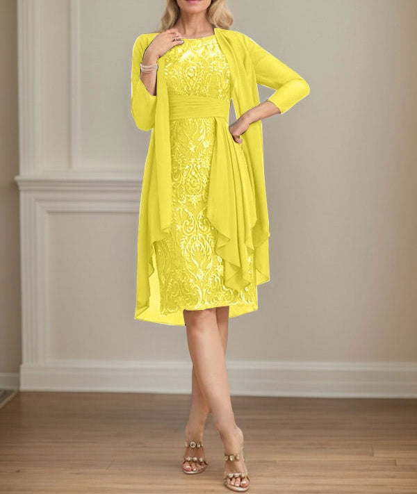 Sheath/Column Scoop Illusion Knee-Length Lace Chiffon Mother of the Bride Dress With Cascading Ruffles Sequins