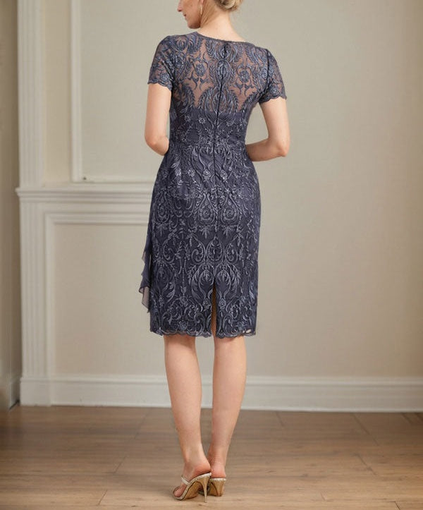 Sheath/Column Scoop Illusion Knee-Length Lace Chiffon Mother of the Bride Dress With Cascading Ruffles Sequins