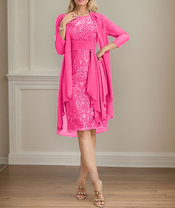 Sheath/Column Scoop Illusion Knee-Length Lace Chiffon Mother of the Bride Dress With Cascading Ruffles Sequins