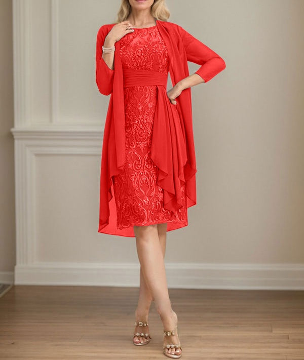 Sheath/Column Scoop Illusion Knee-Length Lace Chiffon Mother of the Bride Dress With Cascading Ruffles Sequins