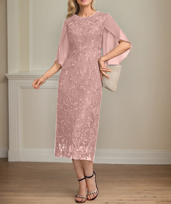 Sheath/Column Scoop Tea-Length Lace Chiffon Mother of the Bride Dress