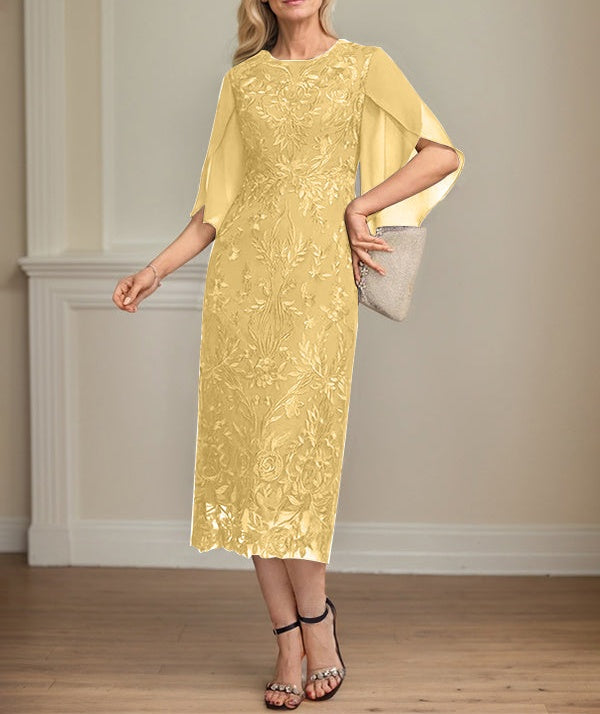 Sheath/Column Scoop Tea-Length Lace Chiffon Mother of the Bride Dress