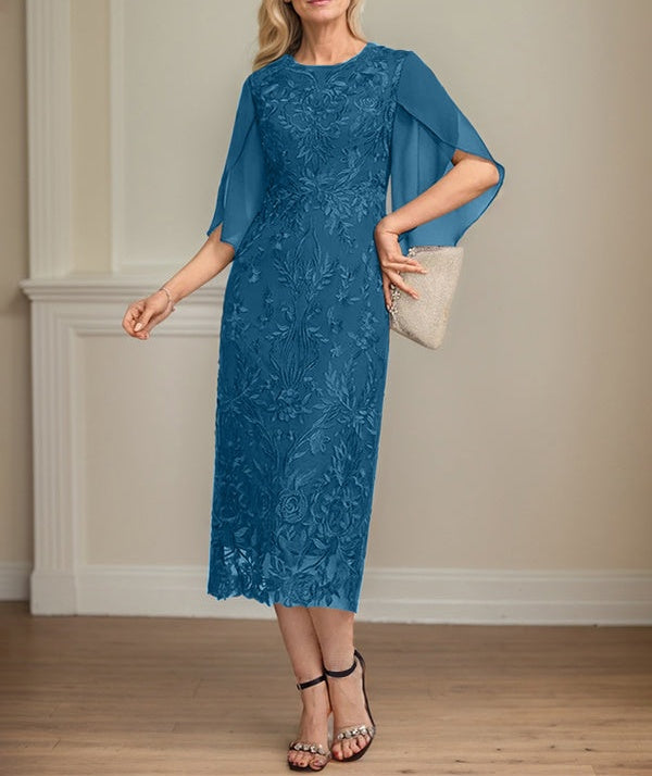Sheath/Column Scoop Tea-Length Lace Chiffon Mother of the Bride Dress