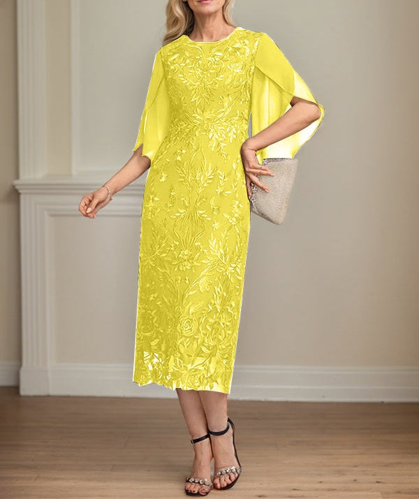 Sheath/Column Scoop Tea-Length Lace Chiffon Mother of the Bride Dress