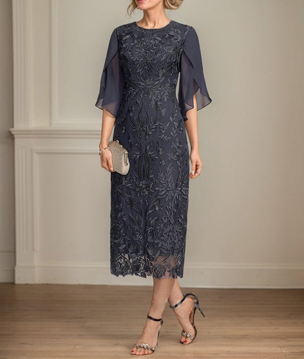 Sheath/Column Scoop Tea-Length Lace Chiffon Mother of the Bride Dress