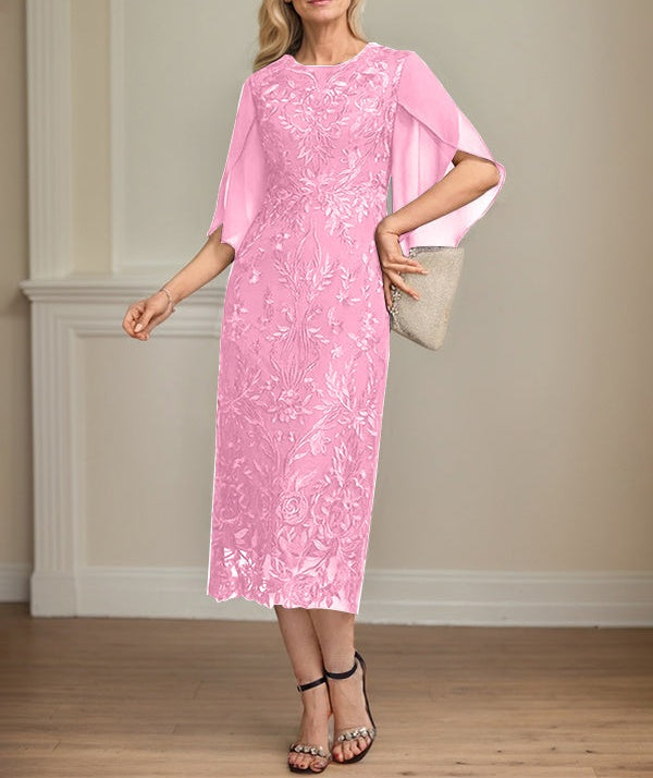 Sheath/Column Scoop Tea-Length Lace Chiffon Mother of the Bride Dress