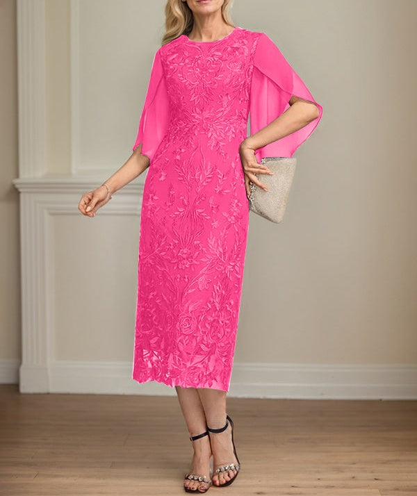 Sheath/Column Scoop Tea-Length Lace Chiffon Mother of the Bride Dress