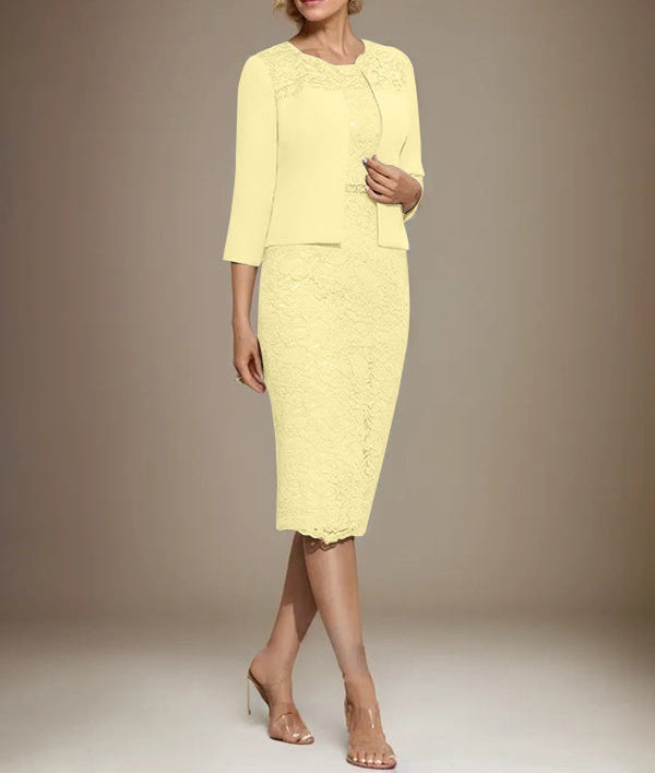 Sheath/Column Scoop Knee-Length Chiffon Lace Mother of the Bride Dress With Beading